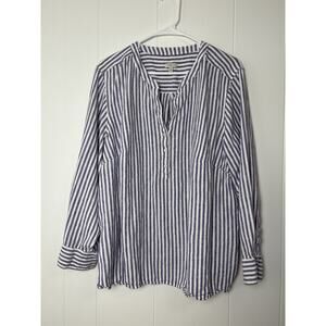 TALBOTS Womens 3XL Linen Popover Top Blue White Striped Long Roll Tab Sleeve